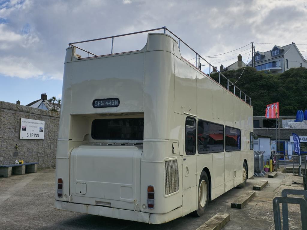 Seen earlier this afternoon parked at Porthleven Harbour is former Clarkson Coachways of Barrow-in-Furness open top Leyland Atlantean / Alexander, GFS 443N now in a smart cream livery for Chandon Garden Spritz.
