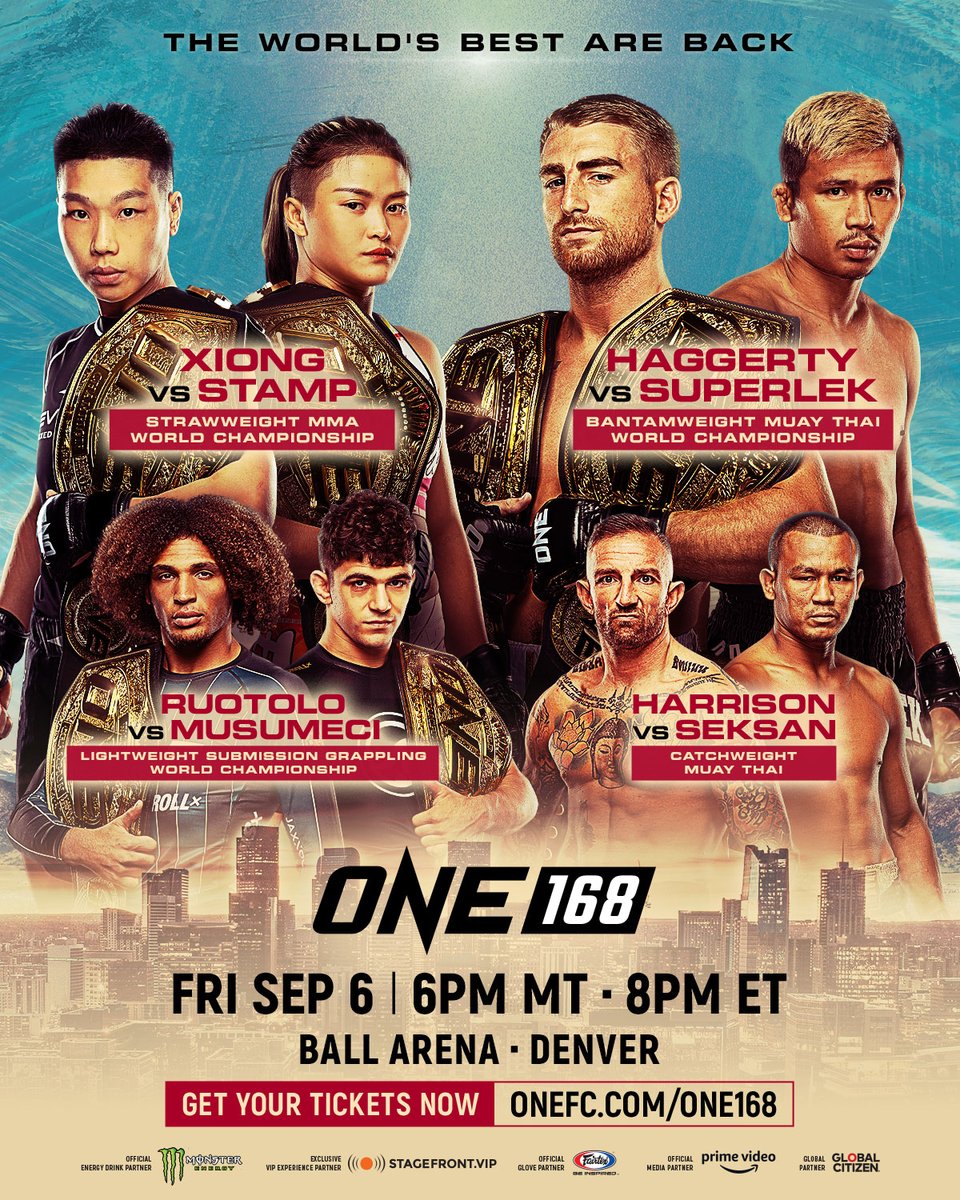 ONEChampionship's tweet photo. BREAKING 🚨 Tickets are on sale NOW for ONE 168: Denver — and two more super-fights have been announced! Don't wait — get your tickets today 👉 https://t.co/WH4M1Lukm4

#ONE168 | Sep 6 at 8PM ET https://t.co/LV5SHEC4SN