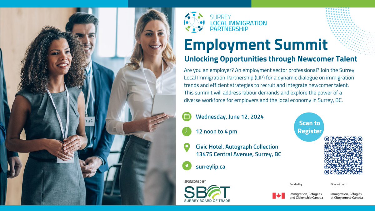 Excited to announce the Surrey LIP Employment Summit, sponsored by @SBofT, dedicated to advancing social and economic progress through immigrant contributions. Let's bridge the inclusion gap! To register and for more information, please visit: eventbrite.ca/e/employment-s…