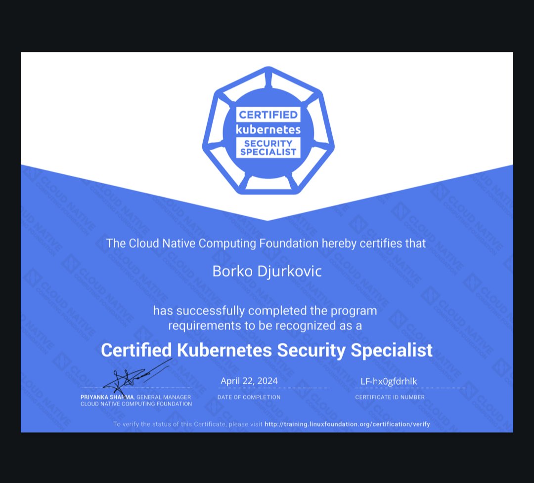 Passed my CKS exam. That makes it 5/5 Kubernetes certifications. 
✅ CKS
✅ CKA
✅ CKAD
✅ KCNA
✅ KCSA
#Kubernetes #kubestronaut