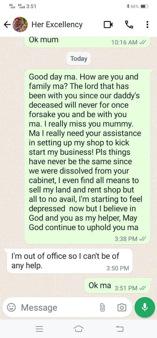 Message conversation between Former First Lady of Ondo State, Betty Akeredolu and her former staff🙄🙄🙄 Copied.