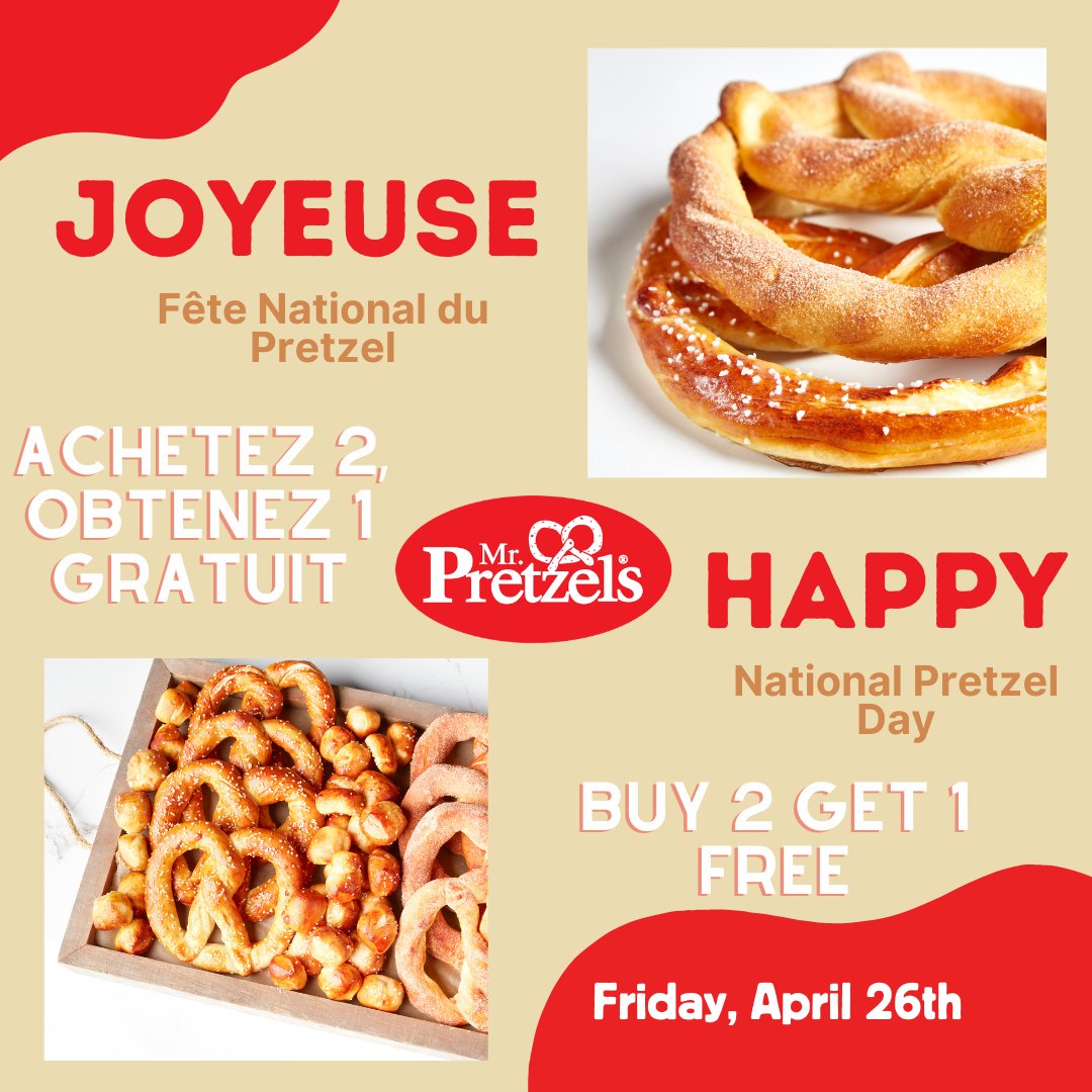 Friday, April 26th is National Pretzel Day! Celebrate by visiting Mr. Pretzel's in Mac Hall, and get a FREE pretzel when you buy two! 🥨❤️ #nationalpretzelday