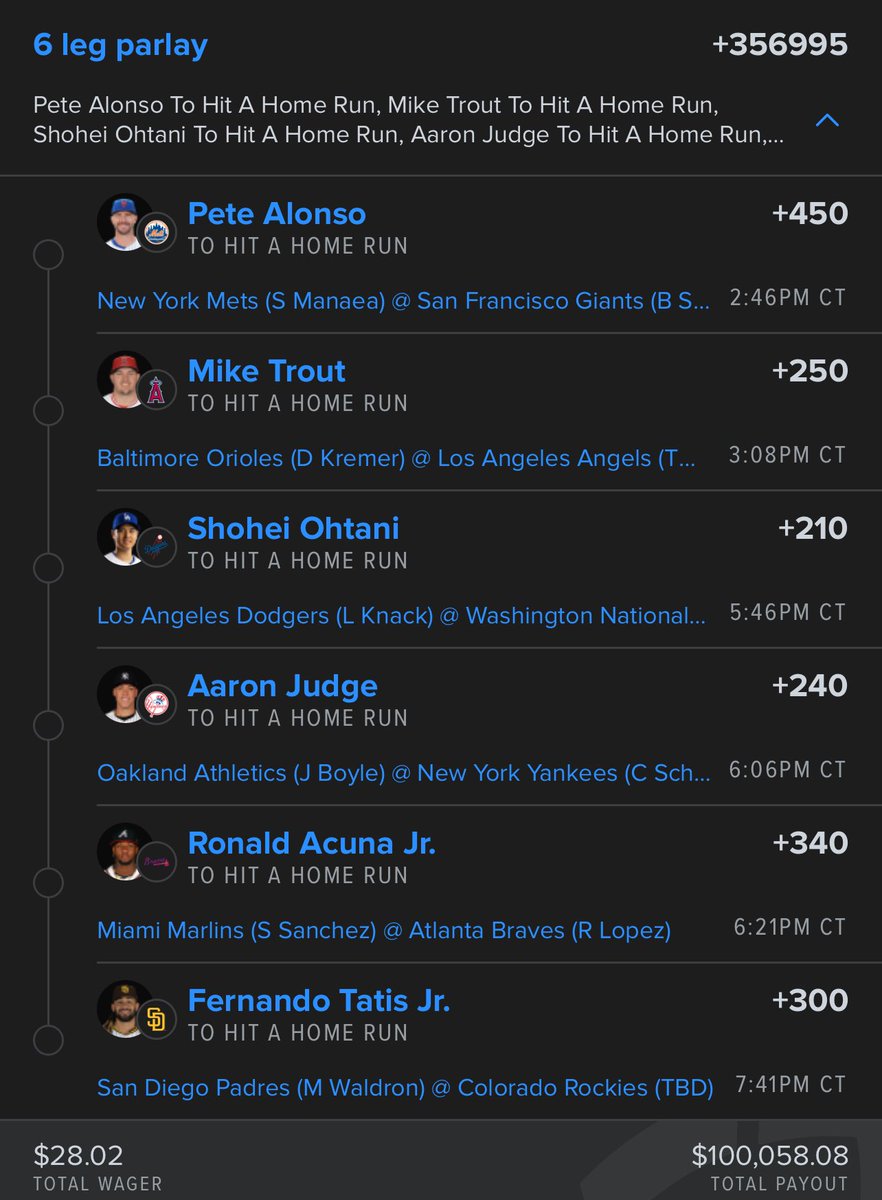 4/24 MLB PICKS⚾️📊:

HOME RUN LOTTO PARLAY 💥⚾️💣

These are the best hitters in the MLB, they have to nuke tonight☢️🤯

#MLB #OpeningDay #homerun #baseball #betting #Coachella     #DraftKings #fanduel #Bitcoin     #SolarEclipse2024 #LOTTO