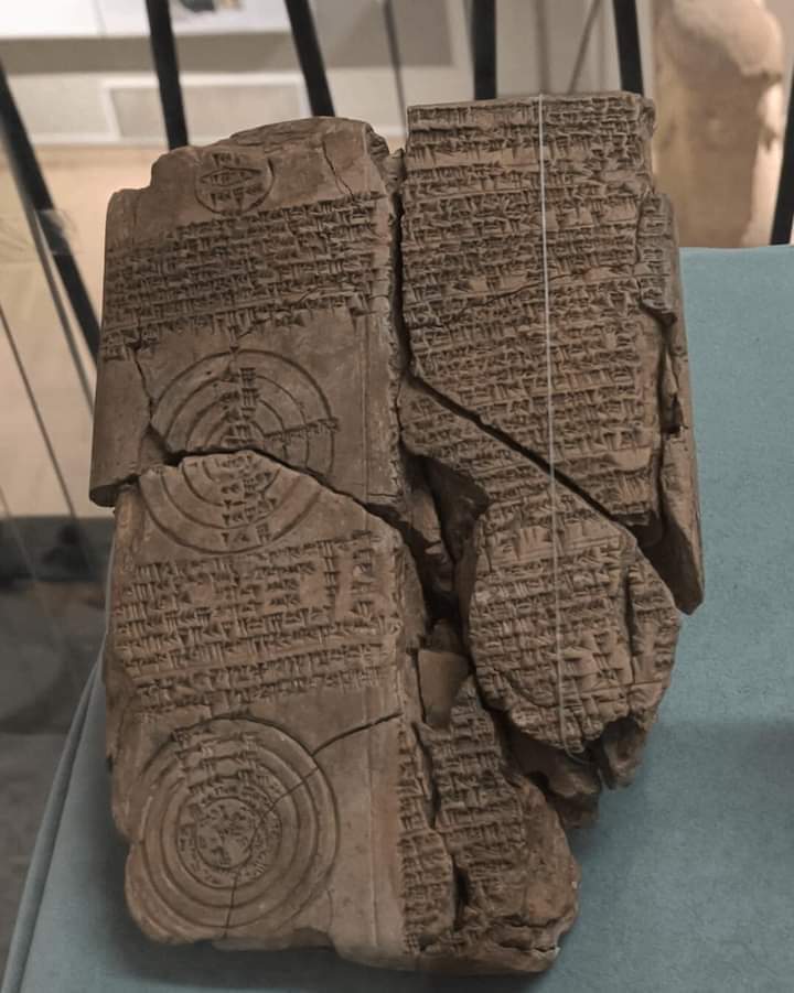 BABYLONIAN GEOMETRIC AND ASTRONOMICAL TABLET (2004-1595 BC) - A clay tablet found in Southern Iraq (Warka), written in cuneiform, containing astronomical calculations, and drawn with 3 geometric circles. Iraq Museum #drthehistories