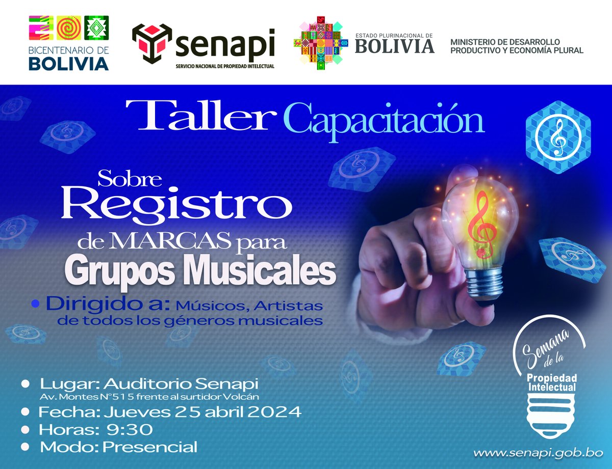 |Este jueves 25 tendremos el Taller - Capacitación sobre el Registro de Marcas para Grupos Musicales, quedan invitados en exclusividad todos los músicos de todos los géneros musicales. ¡Estamos en la Semana de la Propiedad Intelectual! #SemanaDeLaPropiedadIntelectual