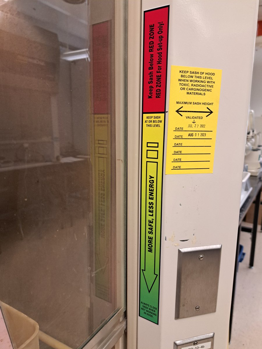 A standard ducted fume hood can use as much energy as three homes a year! Most of my lab uses ductless hoods that are turned off when not in use, but my waste hood is ducted. I got these sash stickers and the response has been awesome! #GreenLabsEarthWeek