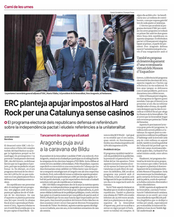 ERC ha presentat un programa electoral amb més de 500 propostes!
Avui volem destacar-ne una:  presentar al Parlament una  llei per revertir la rebaixa fiscal al joc aprovada l’any 2014 pels grups de Junts, PP i PSC. 
Ho expliquem, pq és l'origen del projecte del Hard Rock. Fil 🧵