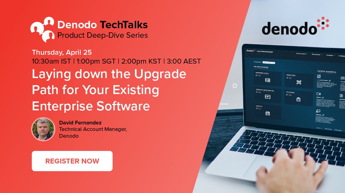 Last call! Join this #TechTalk session where David Fernández Castrillón of #Denodo will explore strategies for upgrading your existing #enterprisesoftware. Gain valuable insights, and ensure a smooth transition for your organization. Register now free! buff.ly/44eyowQ