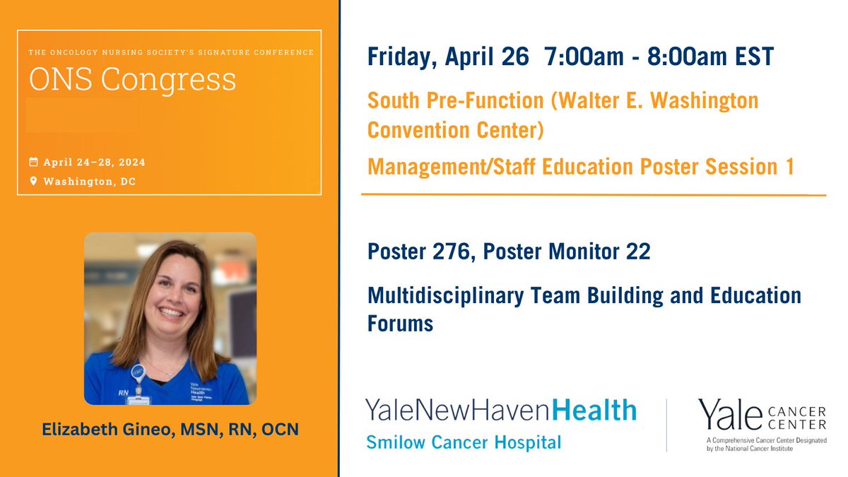 Tonight at 5:30pm, Elizabeth Gineo, MSN, RN, OCN, presents data on the creation of a monthly virtual forum for staff to ask complex patient situations to a provider. ons.confex.com/ons/2024/meeti… #ONSCongress #ONS24 @SmilowCancer @YaleMed @YNHH @YaleNursing
