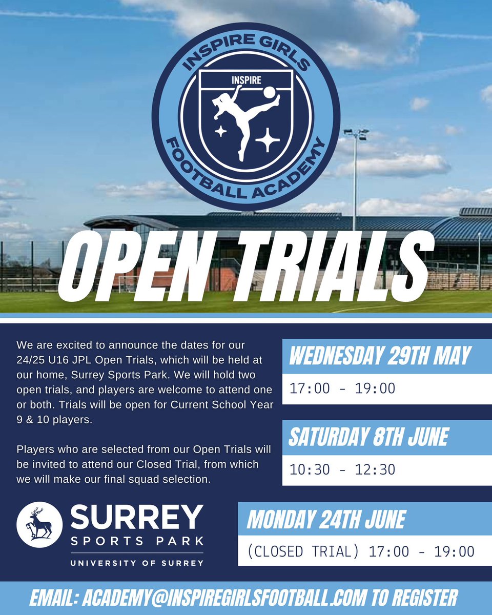 We are excited to announce our Inspire Girls Football Academy U16 24/25 Season trial dates. Please click on the link below to the register✨⚽️ docs.google.com/forms/d/e/1FAI…