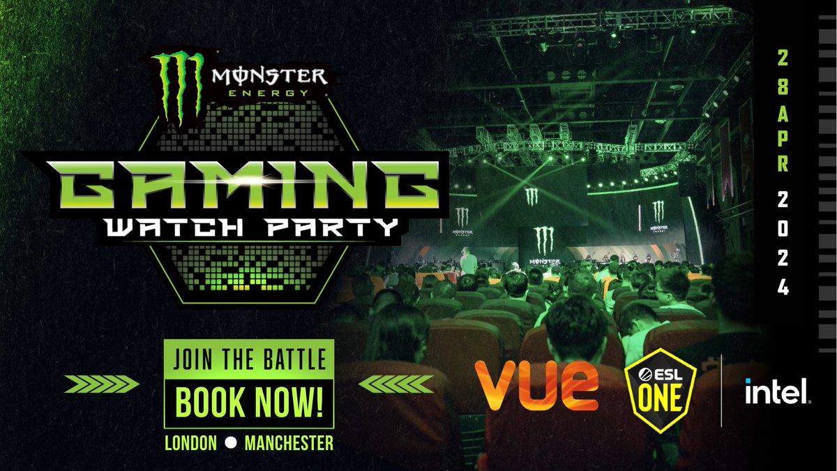 📽️ For those who cannot make the #ESLOne Birmingham in person, @MonsterEnergyUK is hosting watch parties in Vue cinemas. 📍 Watch party locations: Vue Westfield Stratford - London Vue Manchester Printworks 🗓️ Date: 28th April Sunday 🎟️ Get your tickets: myvue.com/film/esl-one-b…