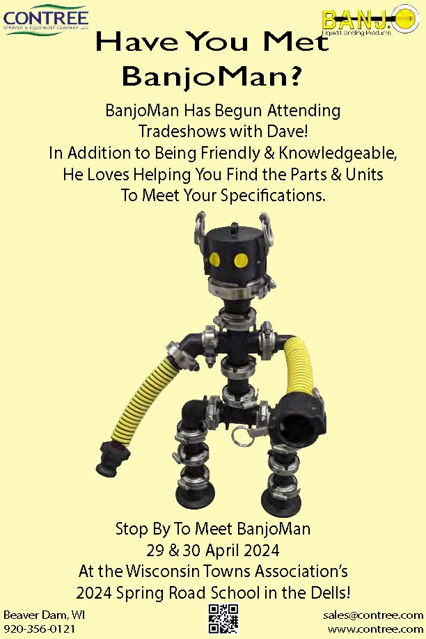 ContreeSprayer's tweet photo. BanjoMan will be at the 2024 Spring Road Show 29-30 April. Stop by to meet him!
#theadventuresofbanjoman Banjo Liquid Handling Products #wisconsintowns #WTA2024 #tradeshowworker #newemployee https://t.co/eosA4cWPr7