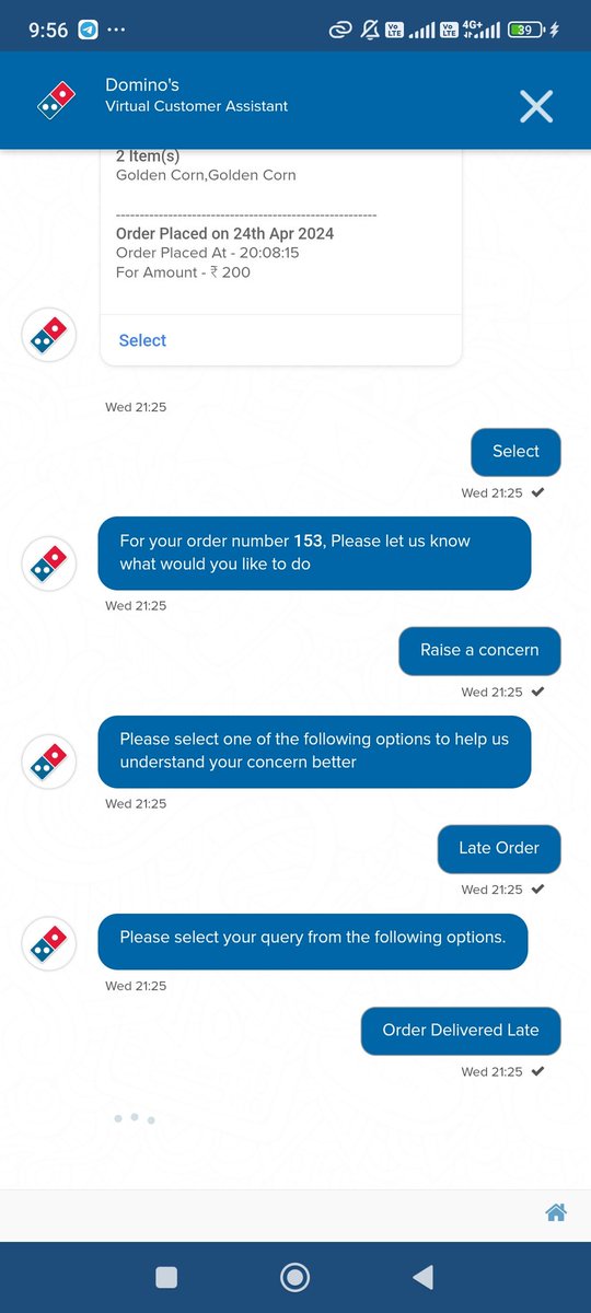 @dominos_india  My order is delivered after 30 minutes. Now when I raise a ticket on the app, it keeps on loading
