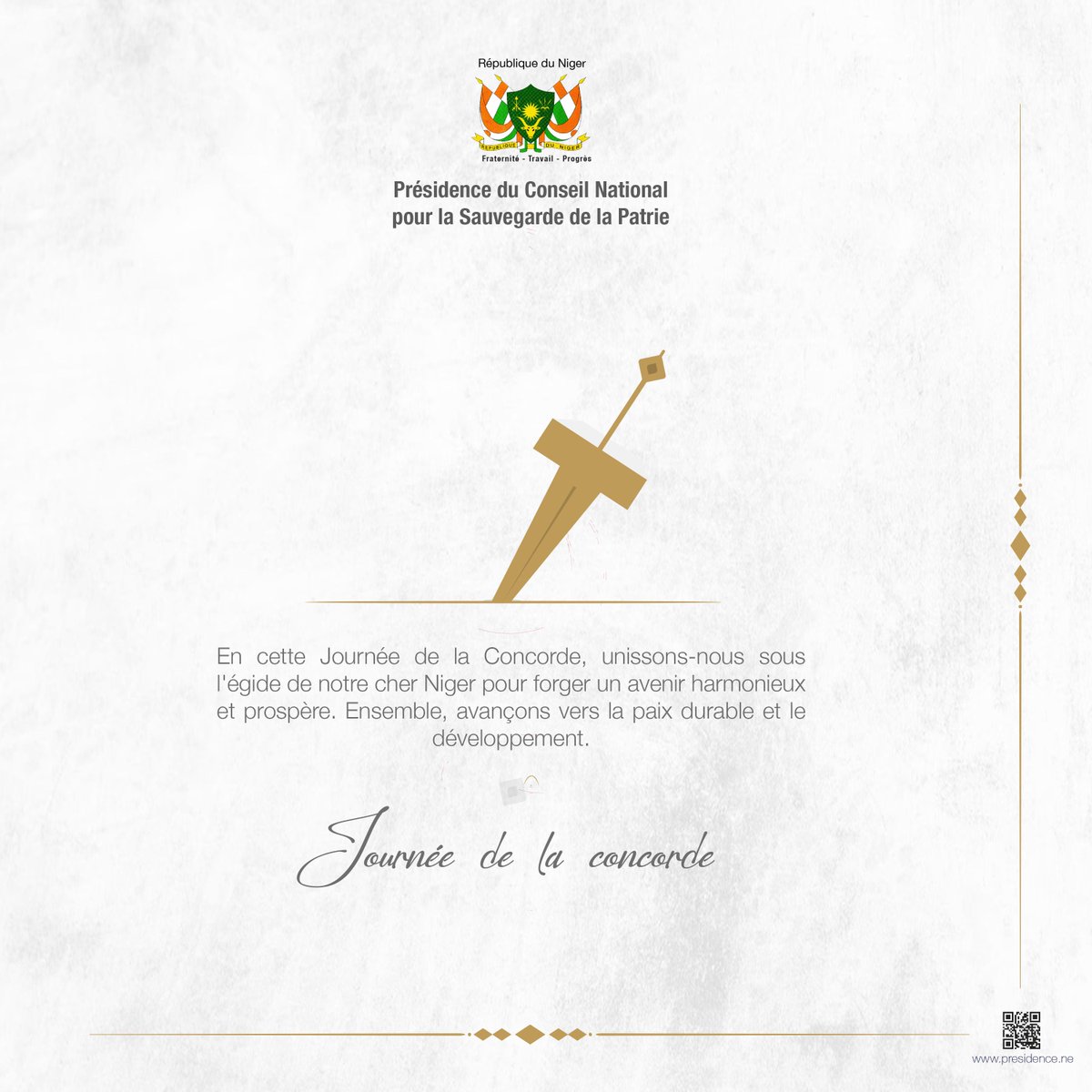 Présidence du Niger (@presidenceniger) on Twitter photo 🟢En cette Journée de la Concorde, unissons-nous sous l'égide de notre cher Niger pour forger un avenir harmonieux et prospère. Ensemble, avançons vers la #paix durable et le #développement.
#journeedelaconcorde
<a href="/NIGER_CNSP/">Conseil National pour la Sauvegarde de la Patrie</a> 🟢En cette Journée de la Concorde, unissons-nous sous l'égide de notre cher Niger pour forger un avenir harmonieux et prospère. Ensemble, avançons vers la #paix durable et le #développement.
#journeedelaconcorde
<a href="/NIGER_CNSP/">Conseil National pour la Sauvegarde de la Patrie</a>