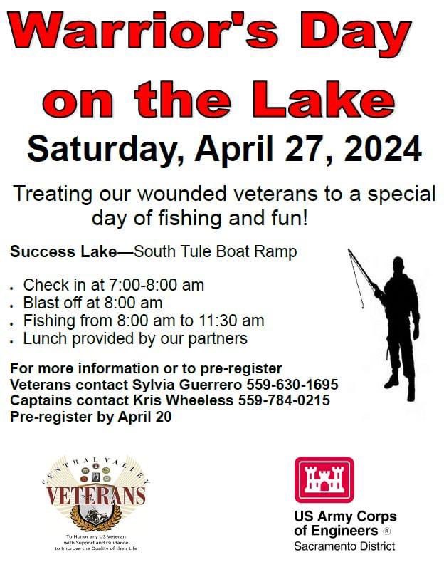 Calling all veterans! Join us for a day of fishing and camaraderie on April 27 at Success Lake. Check-in starts at 7 a.m., fishing from 8 to 11:30 a.m., and lunch will be provided by our partners.