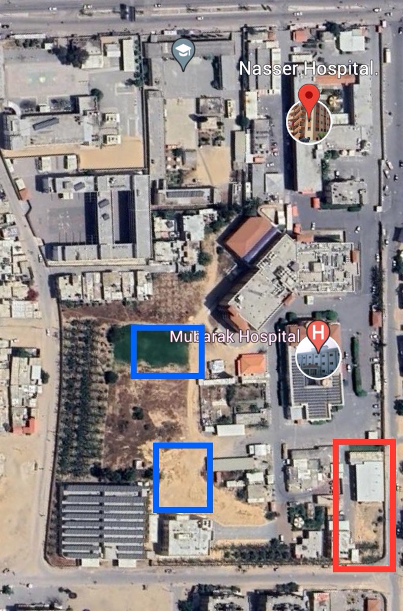 @AvivaKlompas That video is from the location highlighted in red which contained 36 bodies. The second locations that were discovered are two spot highlighted in blue which contained thus far 400 bodies. The entire complex is Nassar hospital and Mubarak hospital inside the same parameter wall.
