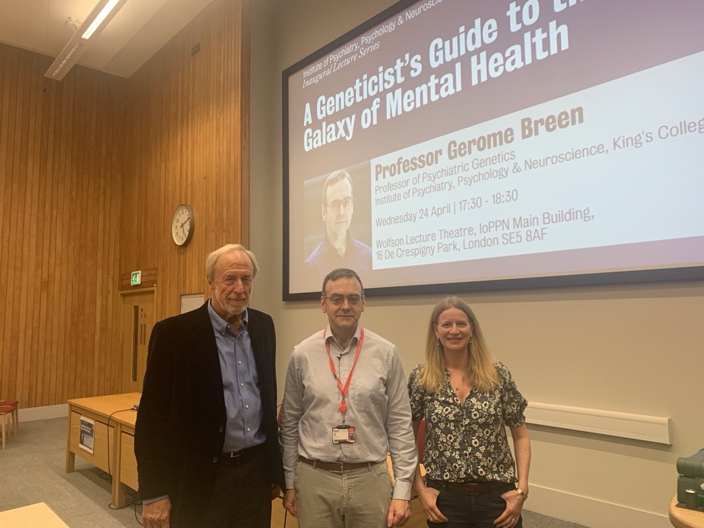 We have a packed lecture theatre for Prof Gerome Breen’s #IoPPNInaugural! His talk ‘A Geneticist’s Guide to the Galaxy of Mental Health’ will explore his journey to Prof of #PsychiatricGenetics. He’s supported by Prof Thalia Eley (right) & Prof Robert Plomin (left).