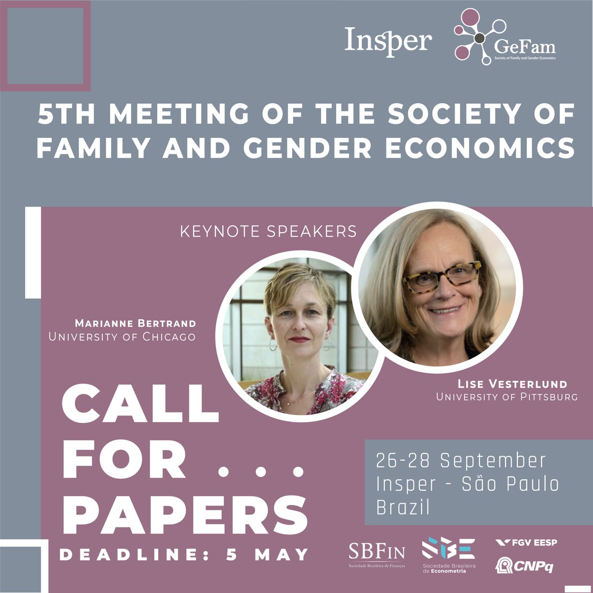 📢 Join us for the 5th Meeting of the Society of Family and Gender Economics! We're seeking innovative and impactful papers that explore the dynamics of family and gender economics. Whether you're an established scholar or a promising new researcher, we want to hear from you!