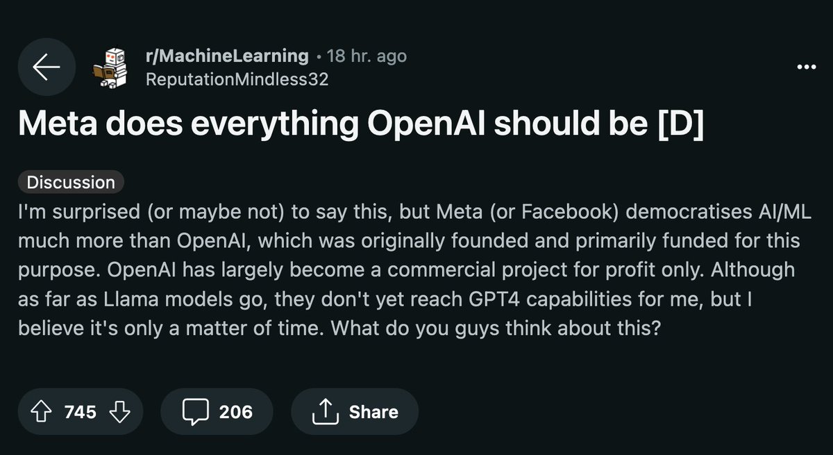 “Meta does everything OpenAI should be” Discussion on r/MachineLearning 🔥 redd.it/1cbhec7