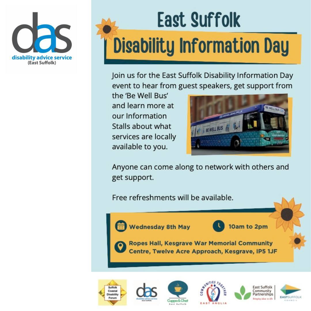 Join us for the East Suffolk #DisabilityInformation Day 8th May in Kesgrave. Guest speakers, support from the '#BeWellBus' and lots of information about #localservices that are available to you.
#Freerefreshments - open to all - we look forward to meeting you