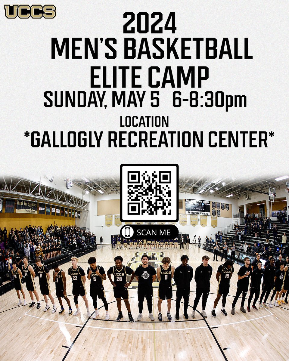 Registration is now open for our 2024 Spring Elite Camp! Scan the QR code to sign up today! This Elite Camp will take place at the Gallogly Recreation Center, participants can find parking at the Alpine Parking Garage. #gomountainlions #uccs #thesprings