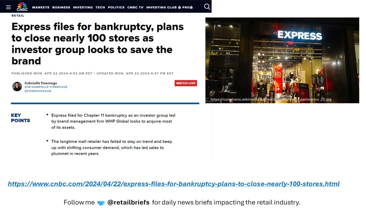 🩲CNBC: 'RETAIL Express files for bankruptcy, plans to close nearly 100 stores . . . ' 'Express, whose portfolio includes its namesake banner, UpWest and Bonobos, said operations will continue as normal but 95 Express stores and all UpWest stores will close.'…