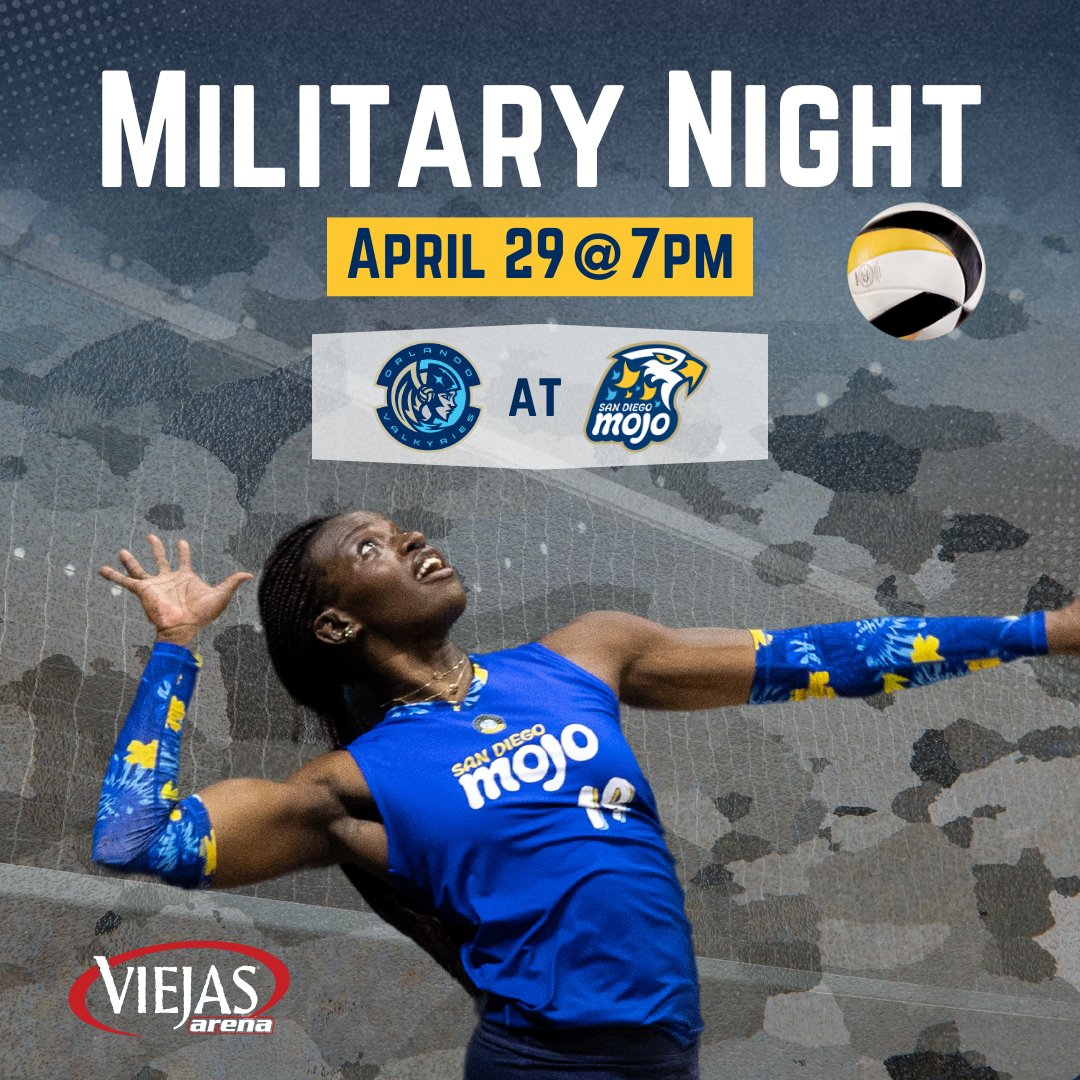 Monday, April 29 is Military Appreciation Night! 💛🎖️
Be one of the first 1,000 attendees at our 7PM home game against the Orlando Valkyries and claim your FREE Mojo bucket hat while supplies last.
 
🎟 provolleyball.com/mojotix

#SanDiegoMojo #WomensVolleyball