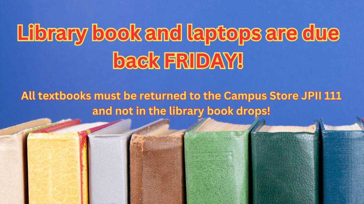 An important reminder that library books and laptops are due back to the library THIS FRIDAY! Make sure to return them on time and return any textbooks to the Campus Store and not in the library book drops! #vannlibrary #duedate #librarybooks @USFFW
