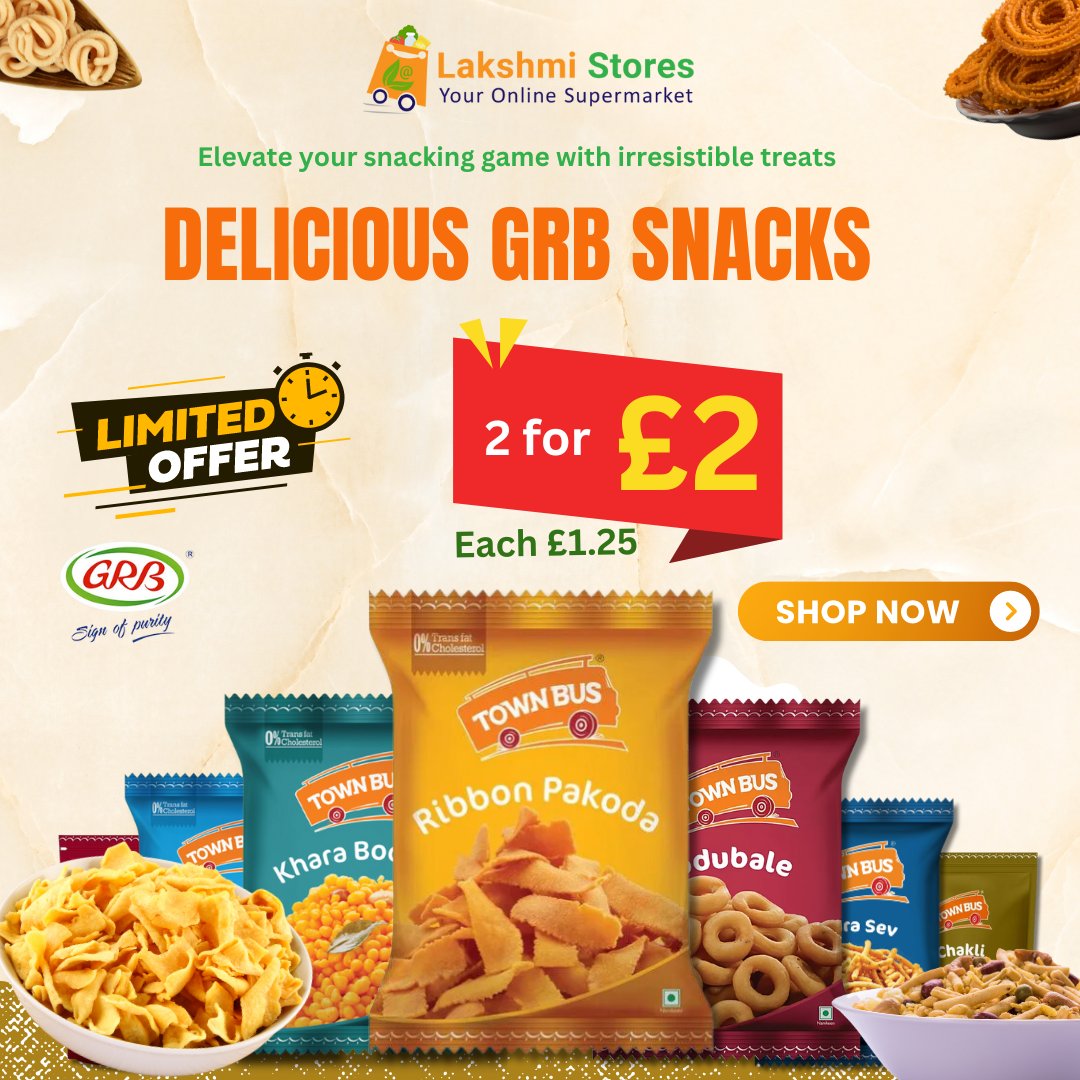 🌟 Flash Sale Alert at Lakshmi Stores, UK! 🌟 Dive into the flavors of home with GRB Snacks! Limited time offer - hurry, stock up on your favorites now! Don’t miss out! 🍿🎉 Place Your Order Now:lakshmistores.com #onlineshopping #lakshmistoresuk #buyonline #grbsnacks