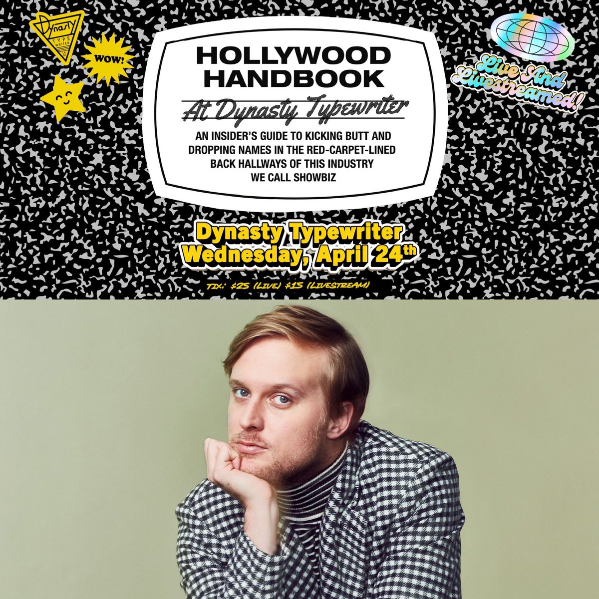 Tonight! Don’t miss Hollywood Handbook live and livestreaming at Dynasty Typewriter with guest John Early @bejohnce In-person and streaming tickets are available now. squadup.com/events/hollywo… @SeanClements @hayesdavenport