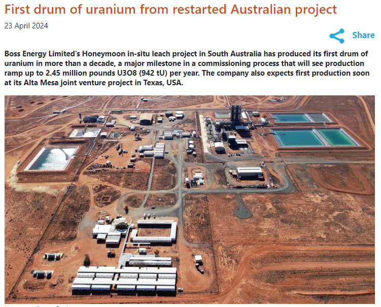The Honeymoon, in-situ-leach uranium mine in South Australia is resuming operation.  It will ramp production up to 2.45 million pounds U3O8 per year.  Article link in reply.

In-situ leaching (ISL) has a lower environmental impact than traditional surface mining.