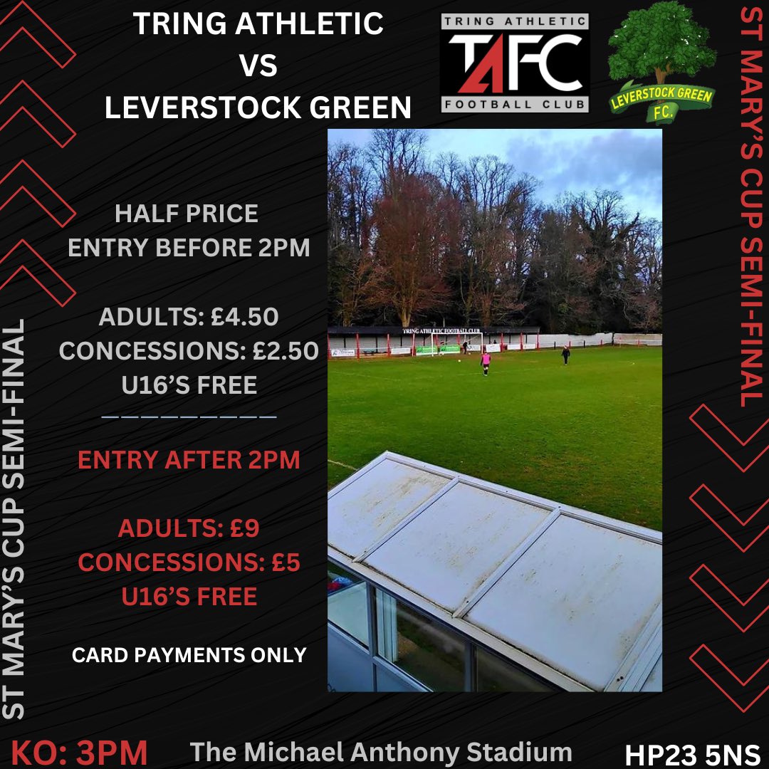 🏆 𝗦𝘁 𝗠𝗮𝗿𝘆’𝘀 𝗖𝘂𝗽 𝗦𝗲𝗺𝗶-𝗙𝗶𝗻𝗮𝗹! 🏆 We host local rivals, @levgreenfc in the cup on Saturday! We are also offering half price entry before 2pm! 😍 🗓️: Saturday 🕒: 3PM 🆚: @levgreenfc 🏆: St Mary’s Cup Semi-Final 🏟️: The Michael Anthony Stadium 🎫: prices below