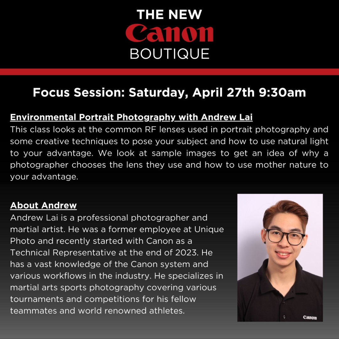 Environmental Portrait Photography with Andrew Lai - Join us for a free focus session this weekend!

Learn more: blog.bergencountycamera.com/2024/04/new-ca…

#bergencountycamera #shoplocal #shopsmallbusiness #canon #photography #newjersey #canonphotography #landscapephotography #wideangle #canonrf