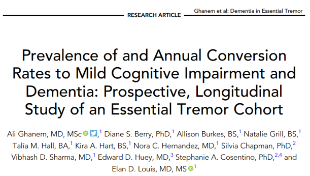 Excited to share my latest publication in Annals of Neurology @ANA_journals We present the most complete exposition of the longitudinal trajectory of cognitive impairment in an essential tremor cohort to date. Link: doi.org/10.1002/ana.26… @WileyNeuro @UTSWNeurology @UTSWBrain