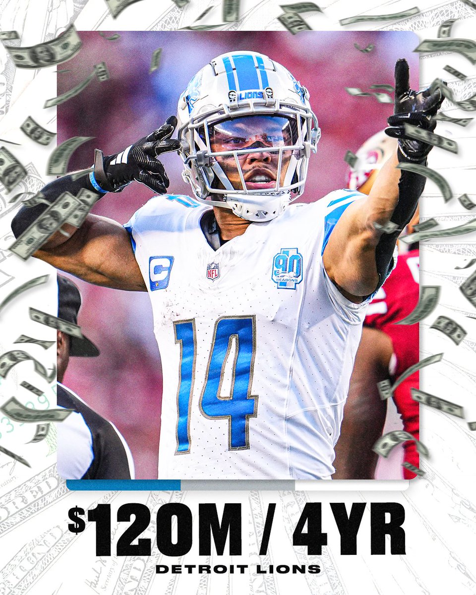 Breaking: The Detroit Lions and star wide receiver Amon-Ra St. Brown have agreed to a four-year, $120 million extension, including $77 million guaranteed, a source confirmed to ESPN. NFL Network first reported the news of St. Brown's deal.