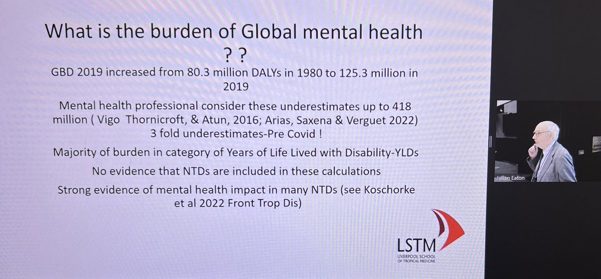 Dr David Molyneux of @LSTMnews delivers his keynote speech. He says that the burden of Global Mental Health was underestimated pre-COVID.