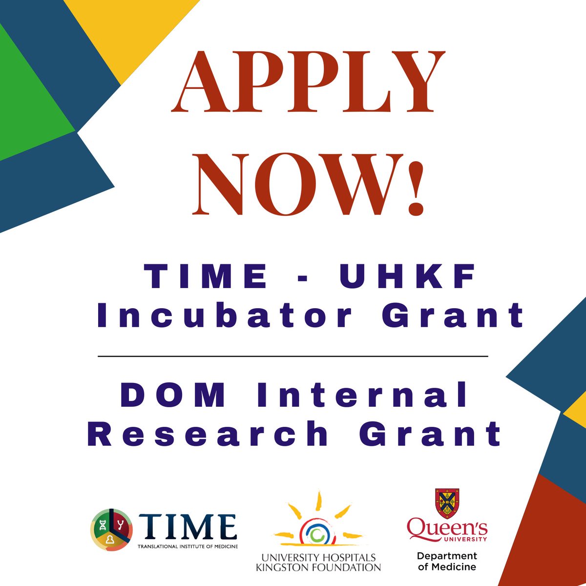 The TIME-UHKF Incubator Grants and the @QueensuDOM Internal Research grants are now OPEN! deptmed.queensu.ca/news/timeuhkf-… Please email time@queensu.ca if you have eligibility questions!