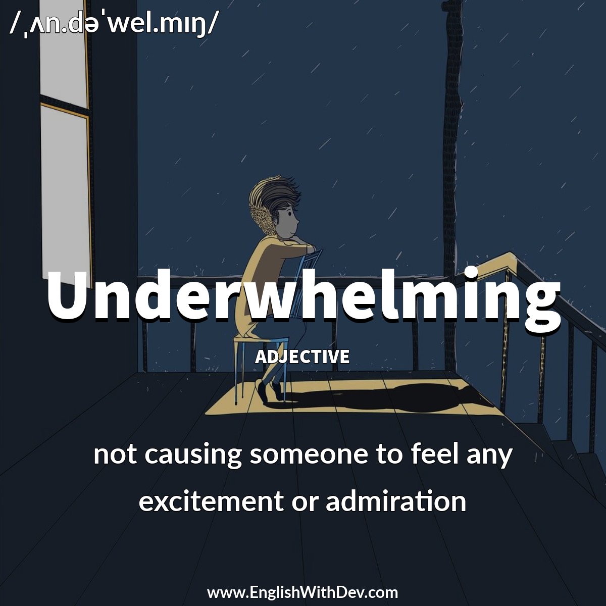 Underwhelming (🗣️ ˌʌn.dəˈwel.mɪŋ) - not causing someone to feel any excitement or admiration

Example - The food was good but unfortunately we found the rest of the experience distinctly underwhelming.

#Underwhelming #WOTD #EnglishWithDev #EnglishVocabulary