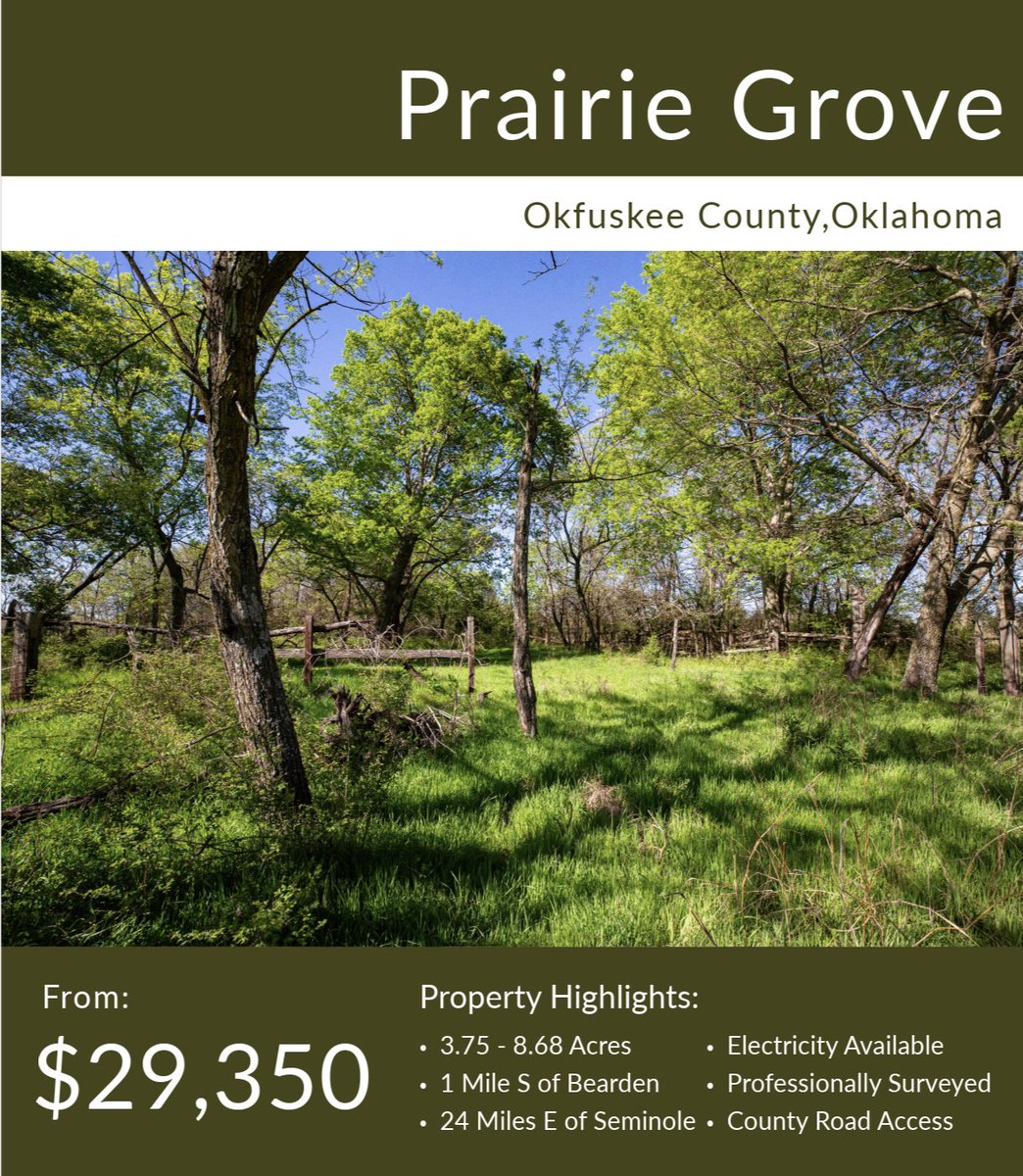 classicland's tweet photo. Introducing Prairie Grove: Conveniently situated just off Highway 48 in rural central Oklahoma. This location provides easy access to cities like Okemah, Seminole, and Shawnee, Oklahoma.   
https://t.co/RIarqz1xEg

#Oklahoma #Land #Oklahomaland #Realestate  #Homesteading https://t.co/gHmgpt0okL