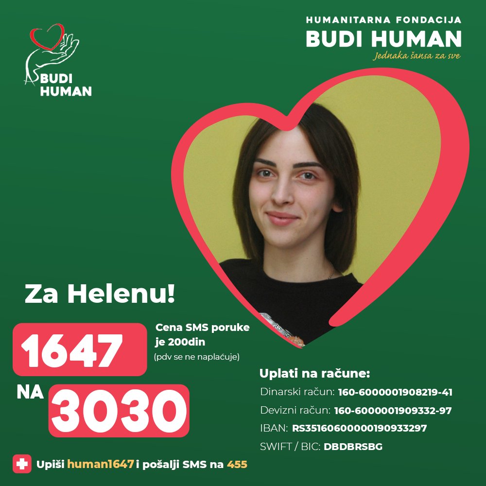 Pomozimo Heleni!

Upišimo 1647 i pošaljimo SMS na 3030

budihuman.rs/korisnik/1647/…

#budihuman #jednakašansazasve