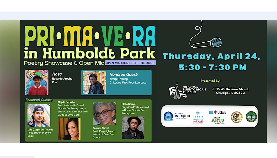 Parenting4NV's tweet photo. Come by Humboldt Park for Pri Ma Ve Ra Poetry Showcase &amp; Open Mic tomorrow, April 25th, from 5:30-7:30pm! Go to Eventbrite to register for FREE tix! #P4NV #Parenting4Nonviolence #Poetry #OpenMic #HumboldtPark #Chicago #WestsideChicago #SouthsideChicago #NorthsideChicago #Chicago https://t.co/nNPIdzfW2B