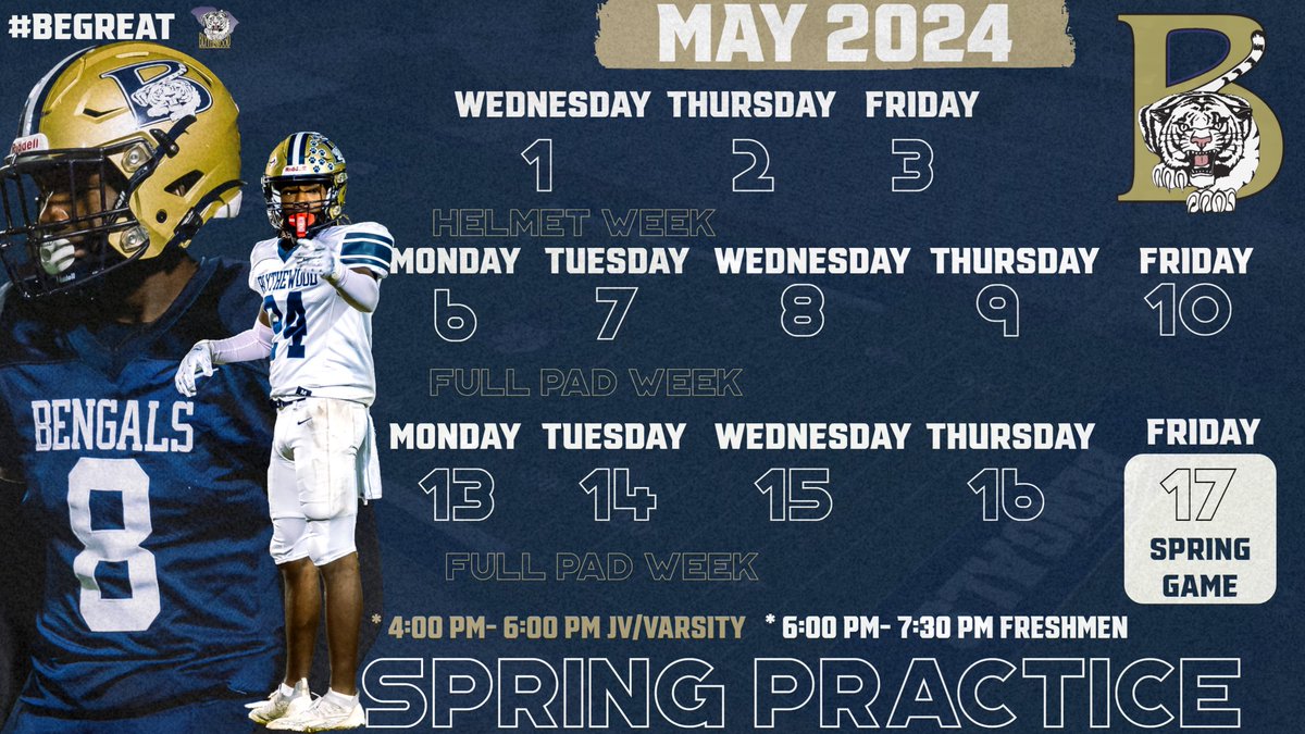 🚨🚨🚨SPRING PRACTICE SCHEDULE🚨🚨🚨
Come check out the Bengals!!
#WIN #EarnYaStripes #BeGreat
#OneBengal #LABWORK24
@JMMartin59 @1ProudBengal @BH_FBRecruiting @thevoice_paper @RichlandTwo