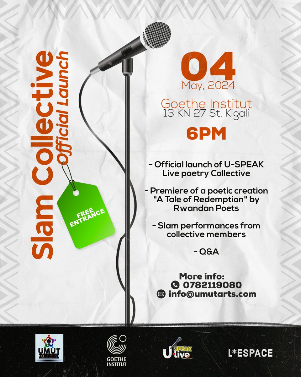 The official launch of a poetry collective in Kigali: U-SPEAK LIVE. (@uspeaklive) aims to establish a vibrant slam scene in Kigali. In partnership with @lespace_rw and @goetheinstitut Slamusic Label from Burundi(@SLAMUSICLABEL ) will be presented by Serge le Griot. See you soon