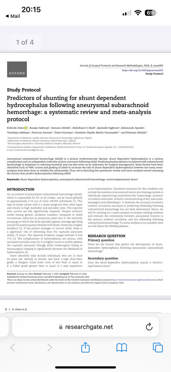 henrybusayo's tweet photo. 🚨 Publication Alert 🚨 

Excited to share our recent protocol publication “Predictors of shunting for shunt dependent
hydrocephalus following aneurysmal subarachnoid
hemorrhage: a systematic review and meta-analysis
protocol”

Congratulations @kehinde_alare @afo_samson https://t.co/fIHb8fKnx0