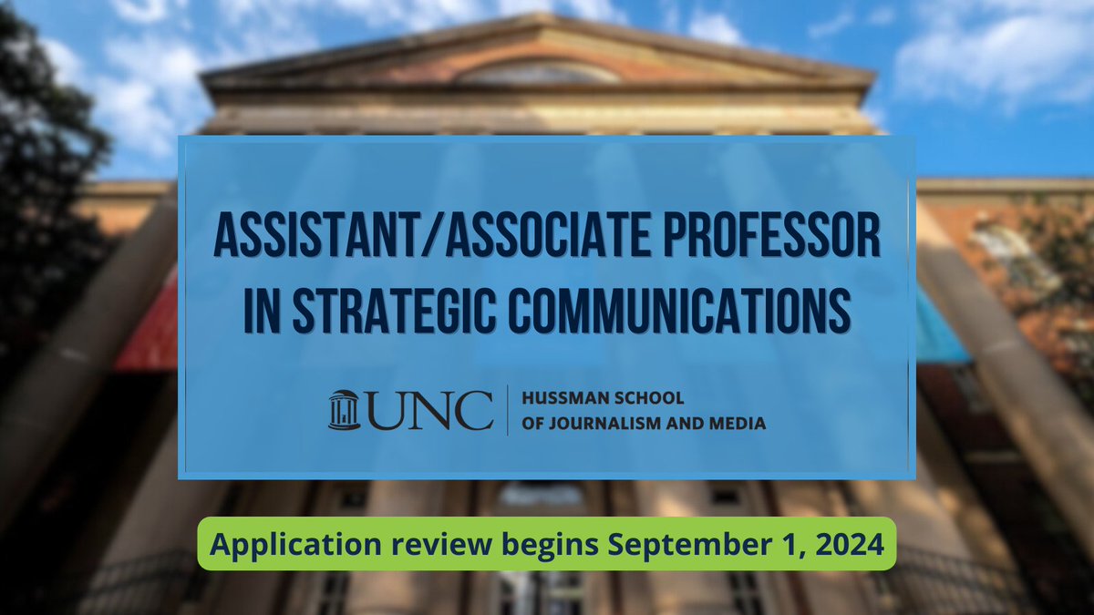 🚨 Job alert! UNC Hussman is seeking a leading strategic communication, advertising or public relations scholar/teacher to join the faculty in Fall of 2025. Application review begins September 1, 2024. Job description and how to apply: go.unc.edu/n8CZb