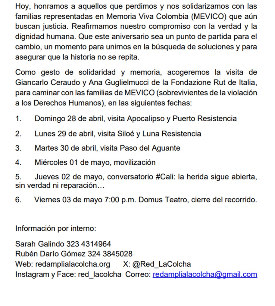 Red_LaColcha's tweet photo. #Cali: Las heridas siguen abiertas, sin verdad, ni reparación... Invitamos este #28A a la reflexión comprometida con las familias @MemoriaVivaCol https://t.co/uBjy9buRlZ