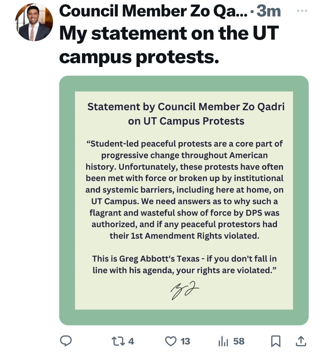 Zo Qadri message to Jewish students and UT personnel: Drop dead.