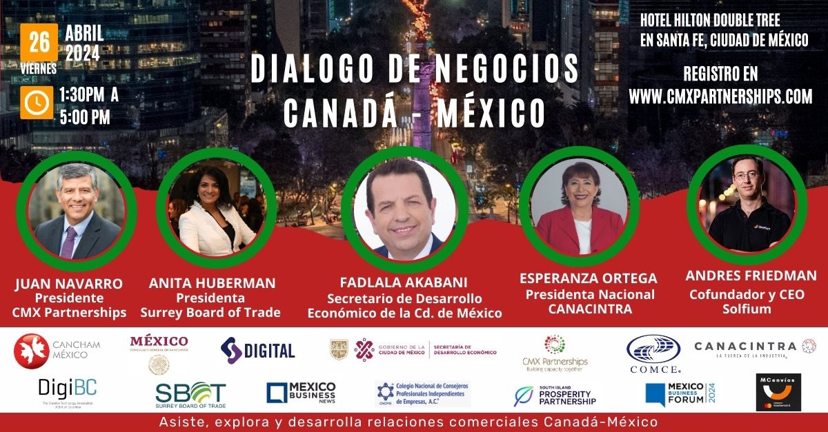 🇨🇦🇲🇽 Estamos a sólo 2 días del Diálogo de Negocios Canadá-México, una oportunidad para establecer conexiones y expandir los horizontes comerciales de nuestros afiliados.

📆 Viernes 26 de abril.
🕜 1:30 PM - 5:00 PM.

Para registro e información:
🔗 eventbrite.ca/e/dialogo-de-n…