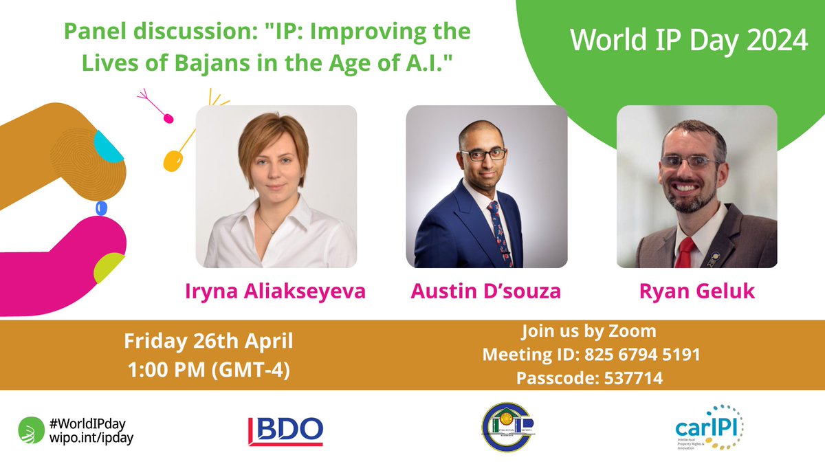 Join the Corporate Affairs and Intellectual Property Office (CAIPO) Barbados🇧🇧 and #CarIPI for an online session in celebration of #WorldIPDay. ✔IP: Improving the Lives of Bajans in the Age of AI 🗓️26 April 2024 🕘1:00 (GMT-4)