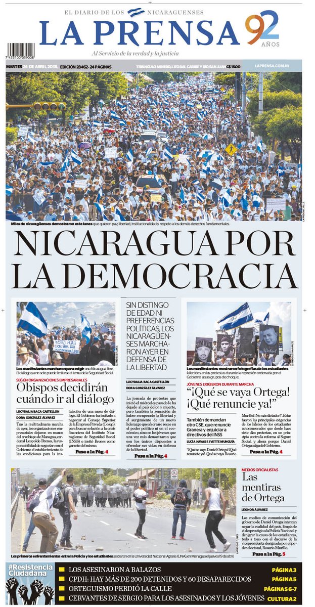 Nuestra portada del 24 de Abril 2018. 6 días de protestas cívica. Destaca la multitudinaria y pacífica marcha del día anterior (23 Abril) hasta la UPOLI. “¡Que se vaya Daniel Ortega! ¡Que renuncie ya! ¡Que se vaya Rosario Murillo! ¡No más dictador!” NICARAGUA POR LA DEMOCRACIA